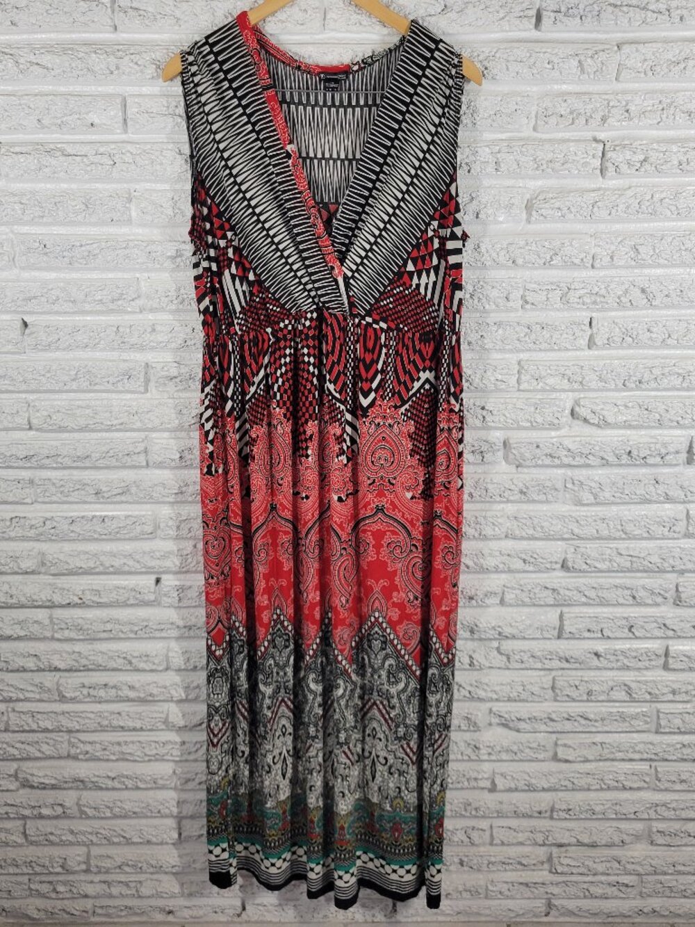 New Directions Womens Red Black Geometric Maxi Shift Dress 1X Sleeveless GEO100E